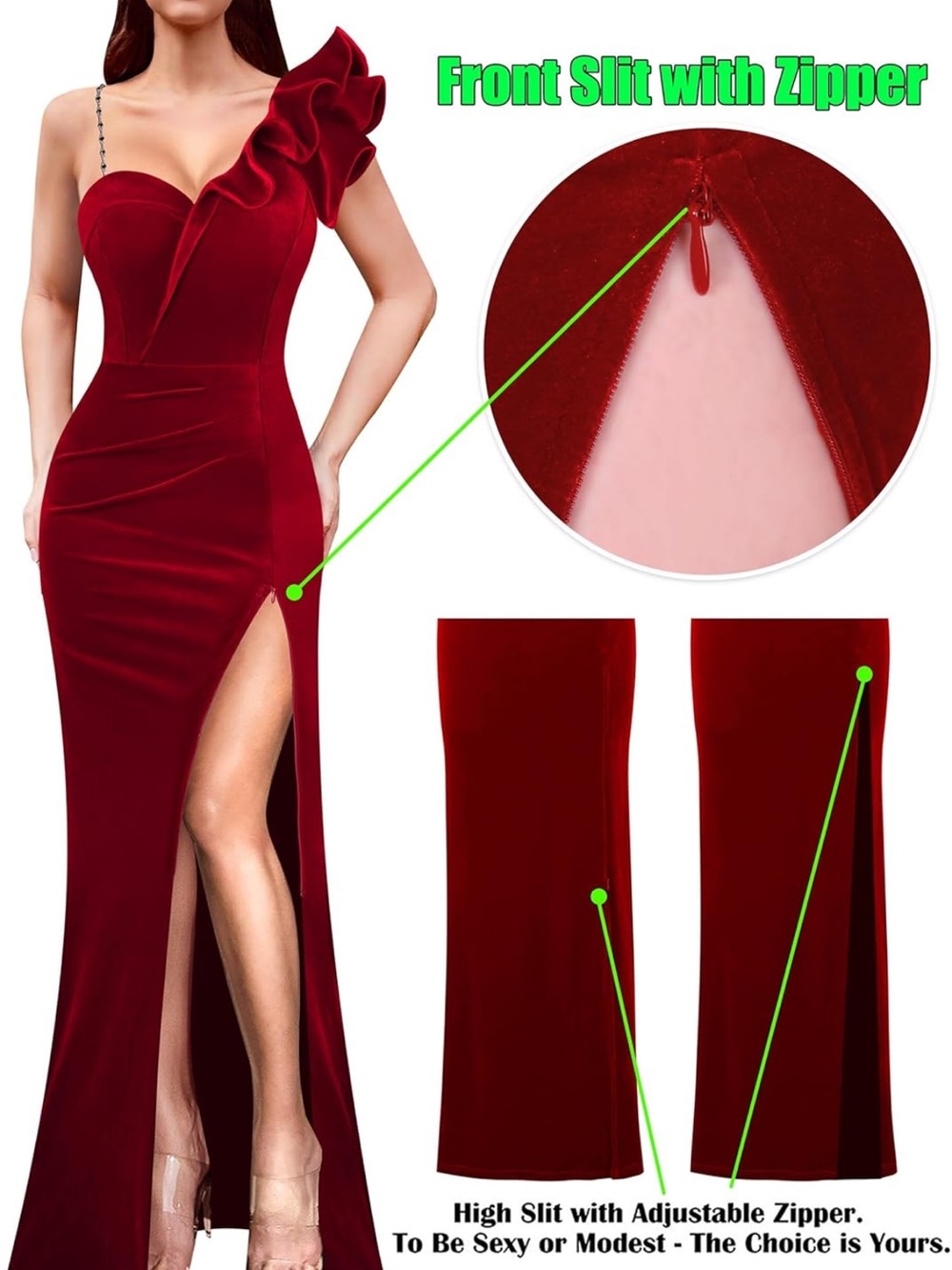 Elegant Red One-Shoulder Evening Gown with High Slit dark pink red - Picture 5 of 5